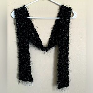 Handmade / Hand Crafted - Black Knit Scarf w Silver Threads & Beaded Gem Fringe